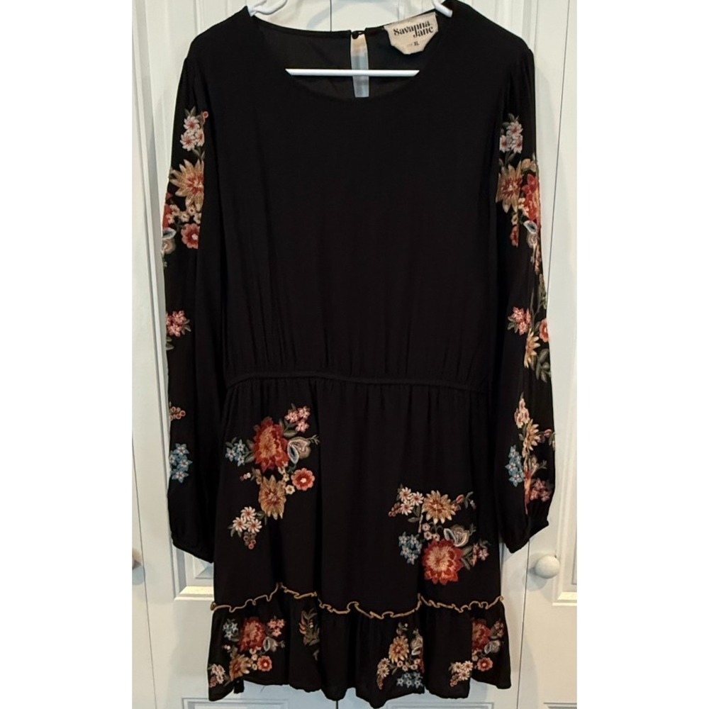 Savanna Jane XL Black Floral Embroidered Boho Mini Dress Long Sleeve